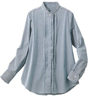 VINNO（ヴィノ）の「綿ストライプフリル衿ブラウス（ブラウス）」｜ネイビー系ストライプ