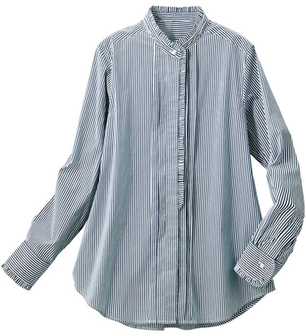 VINNO（ヴィノ）の「綿ストライプフリル衿ブラウス（ブラウス）」｜ネイビー系ストライプ