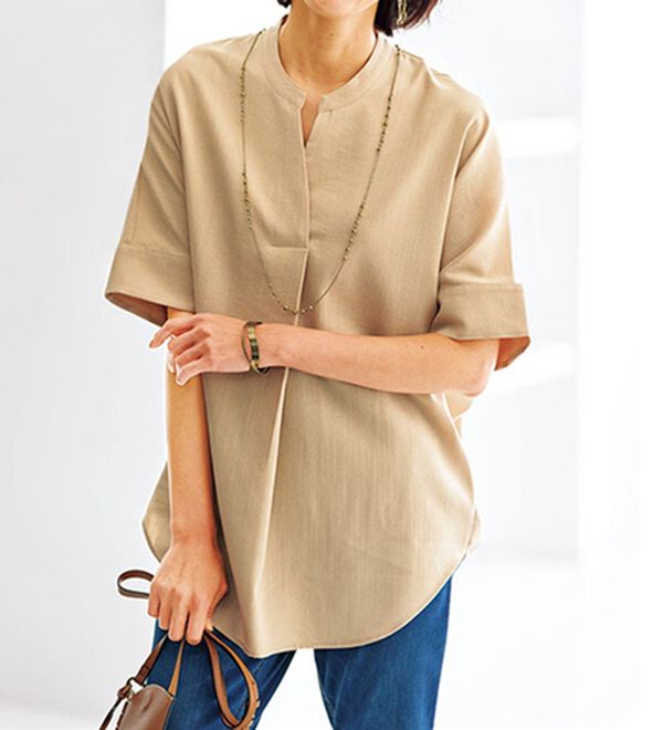 BELLUNA（ベルーナ）の「ヒンヤリ！麻調スラブ素材ドルマンシャツチュニック（チュニック）」｜ベージュ