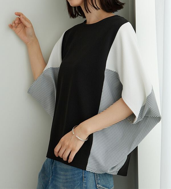 BELLUNA（ベルーナ）の「ストライプ配色切替ドルマンプルオーバー（カットソー）」｜詳細画像