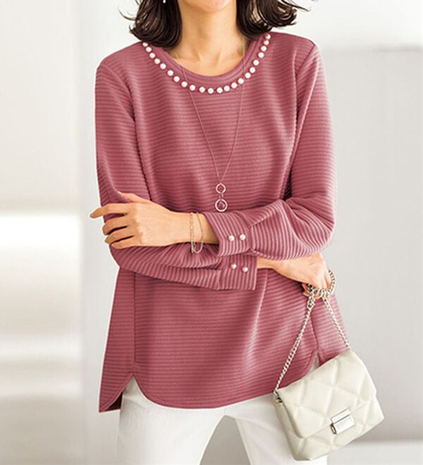 BELLUNA（ベルーナ）の「パール使いふくれジャカードプルオーバー（カットソー）」｜ピンク