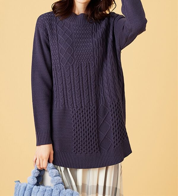 BELLUNA（ベルーナ）の「パッチワーク調ケーブルニットチュニック（チュニック）」｜詳細画像