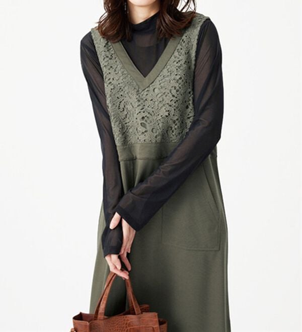 BELLUNA（ベルーナ）の「【Ｌａｇｒｉｌｕａ】レース使いジャンパースカート（ジャンパースカート）」｜カーキ系