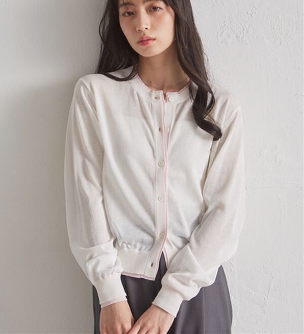 RANAN（ラナン）の「レイヤード風バイカラーシアーカーデ（ニットカーディガン）」｜詳細画像