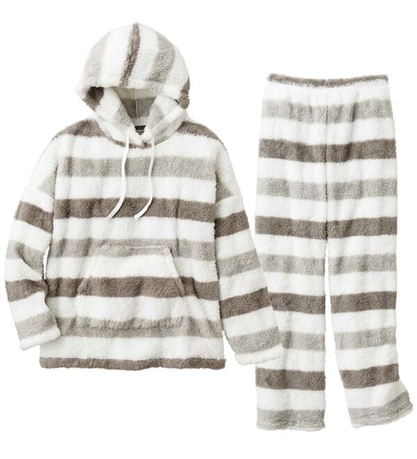 YU'NOW（ユナウ）の「【上下２点セット】ふんわりモコボアフリースパーカー＆パンツセット（パジャマ・ルームウェア）」｜グレーボーダー