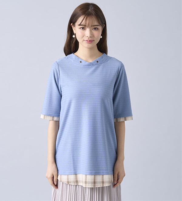 BELLUNA（ベルーナ）の「ひんやり冷感！タックジャカード素材重ね着風プルオーバー（カットソー）」｜詳細画像