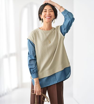 BELLUNA（ベルーナ）の「重ね着風ケーブル&times;デニム切替チュニック（チュニック）」