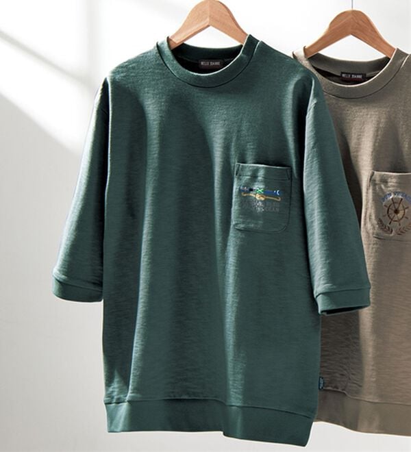 「ロゴ刺しゅう７分袖スウェットＴシャツ（メンズトレーナー）」｜モスグリーン