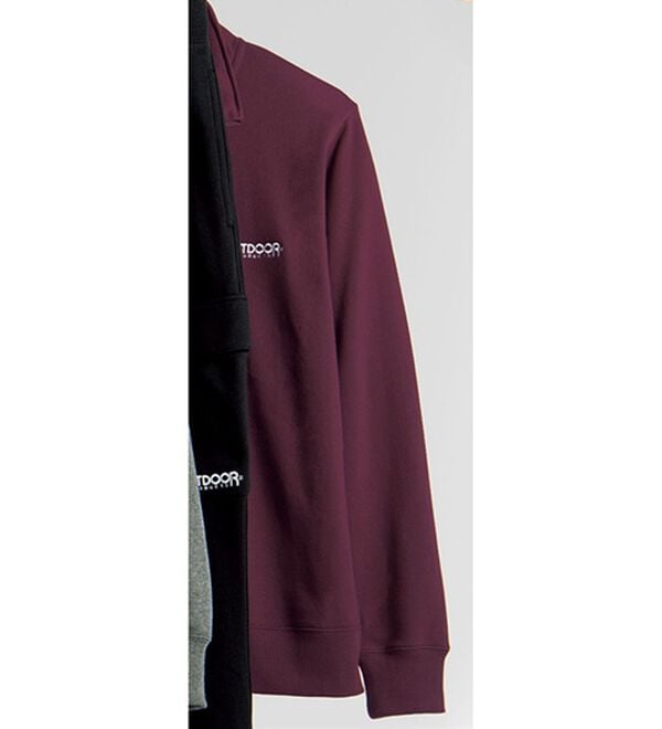 「＜アウトドアプロダクツ＞ブランドデザインハーフジップ・カーゴパンツ（メンズトレーナー）」｜ワイン(トップス)