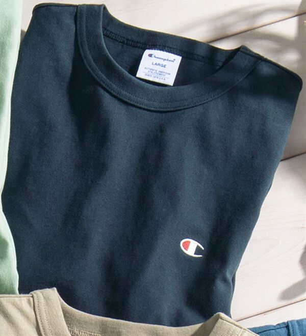 「＜チャンピオン＞綿１００％リラックスフィット５分袖Ｔシャツ（メンズＴシャツ）」｜ネイビー