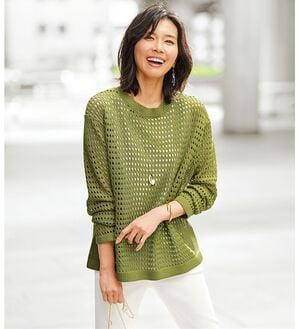 BELLUNA（ベルーナ）の「涼やか麻タッチメッシュニットプルオーバー（ニット・セーター）」｜イエローグリーン