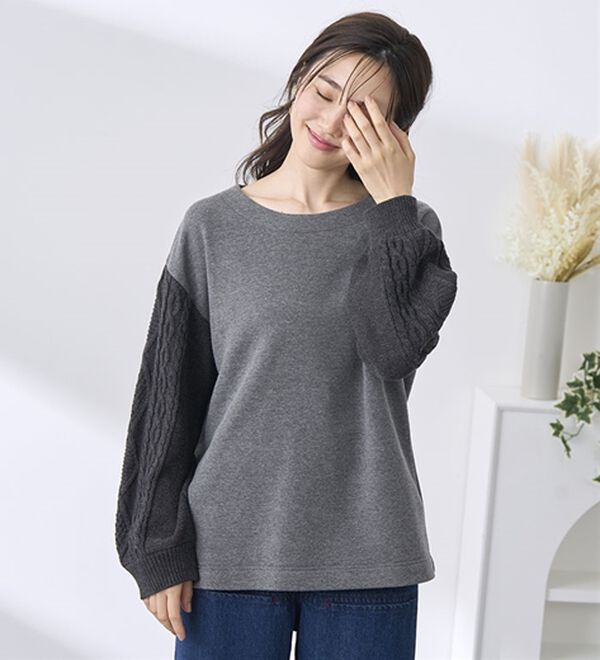 BELLUNA（ベルーナ）の「ケーブルニット使い裏起毛トレーナー（トレーナー・スウェット）」｜詳細画像