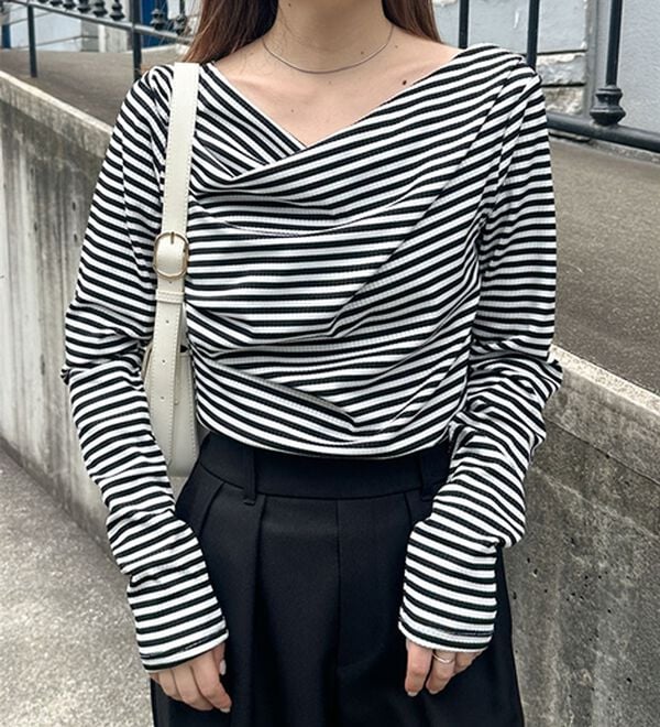 RANAN（ラナン）の「【春色追加】上品ドレープリブロングＴシャツ（カットソー）」｜詳細画像