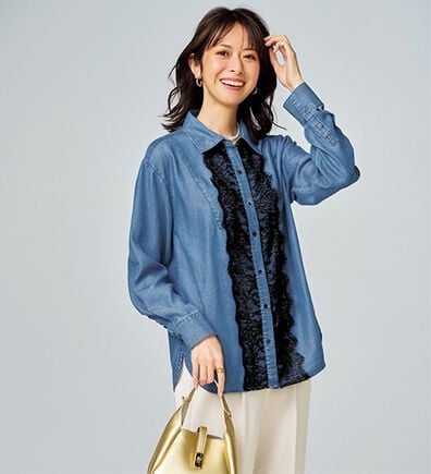 BELLUNA（ベルーナ）の「デニム素材レース使いシャツチュニック（チュニック）」