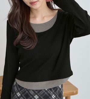 CHAN ME（チャンミ）の「レイヤード風ラウンドネック長袖トップス（カットソー）」｜ブラック