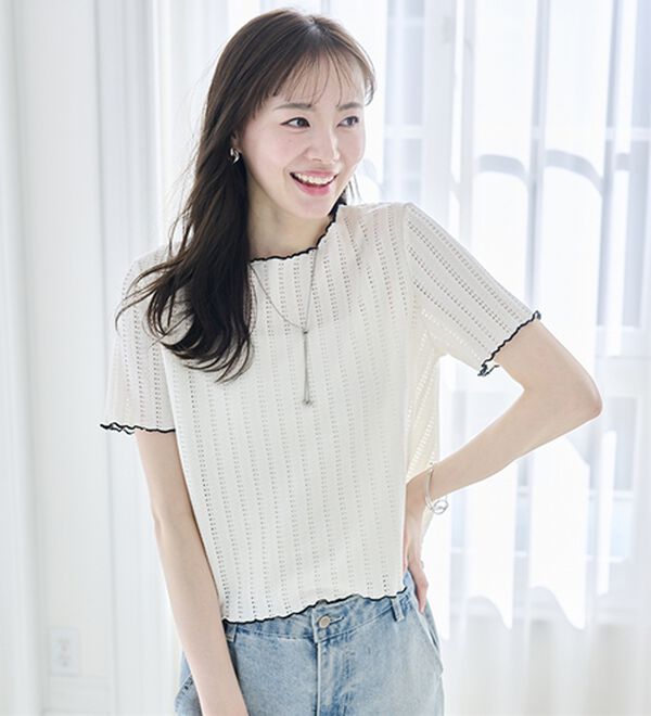 RANAN（ラナン）の「透かし柄メロー配色Ｔシャツ（カットソー）」｜詳細画像