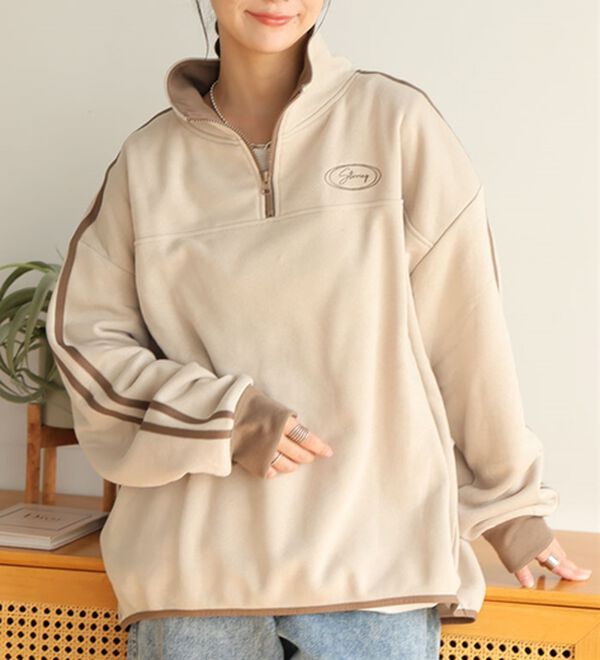 L～6L】【ハピぽか裏起毛】ライン使いハーフZIPスウェット 毛玉