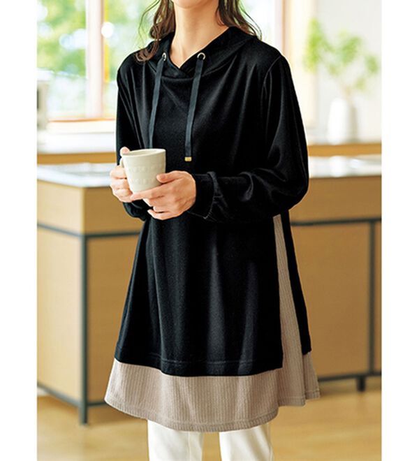 BELLUNA（ベルーナ）の「ワイドネック裾リブ切替チュニック（チュニック）」｜黒系