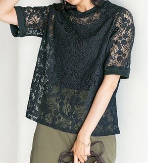 BELLUNA（ベルーナ）の「リブデザインレースプルオーバー（ブラウス）」｜黒