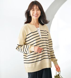 BELLUNA（ベルーナ）の「ハーフジップスポンディッシュニットプルオーバー（ニット・セーター）」｜アイボリー&times;黒