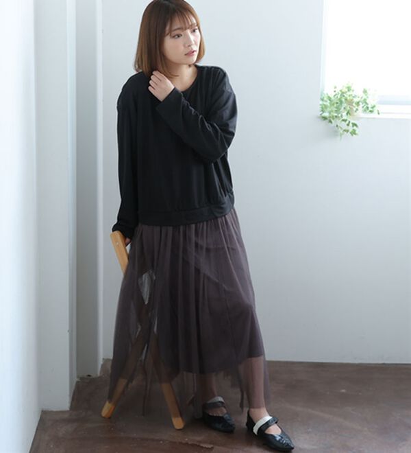 A HAPPY MARILYN（アハッピーマリリン）の「【Ｌ～６Ｌ】ゆるっと着られるチュールスカートドッキングワンピース（ドッキングワンピース）」｜詳細画像