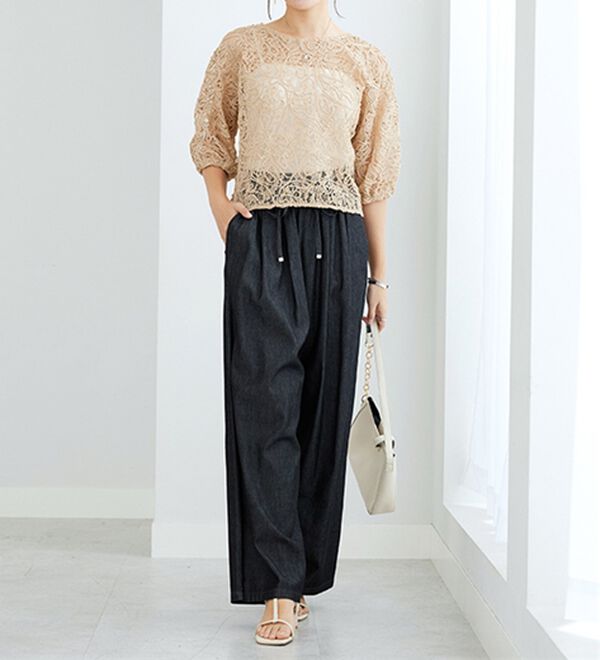 GeeRA（ジーラ）の「【接触冷感】穿いて感激！キレイ見えする楽ちんワイドデニムパンツ（ワイドパンツ・ガウチョ）」｜詳細画像