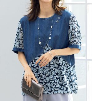 ルフラン（ルフラン）の「涼しげ柄デニム切替プルオーバー（ブラウス）」｜詳細画像