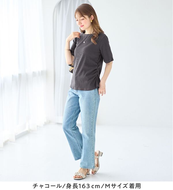 alotta（アロッタ）の「【接触冷感】細見えギャザーデザイン美くびれリブトップス（カットソー）」｜詳細画像