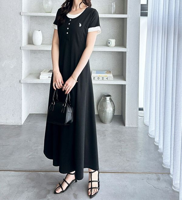 GeeRA（ジーラ）の「【ＵＳ．ＰＯＬＯ．ＡＳＳＮ】レイヤード風ヘンリーネック半袖ワンピース（カットソーワンピース）」｜詳細画像