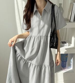 GeeRA（ジーラ）の「サッカーティアードハーフジップワンピース（その他ワンピース）」｜黒系ストライプ