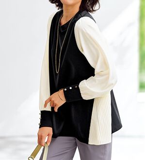 BELLUNA（ベルーナ）の「サイドプリーツ袖ボタン使いプルオーバー（カットソー）」｜黒系