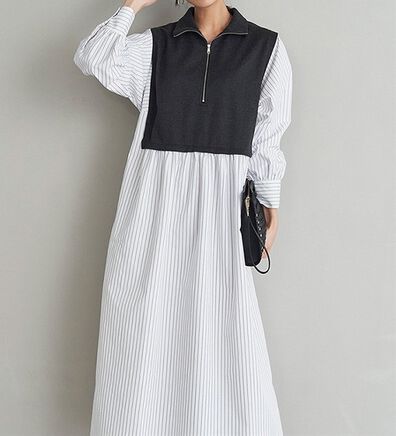 RANAN（ラナン）の「ジップデザイン異素材切替ストライプワンピース（その他ワンピース）」