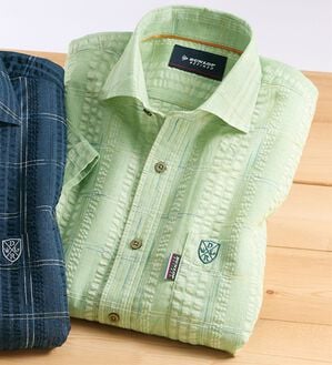 「＜ダンロップ・リファインド＞こだわりの絣（かすり）チェック涼感シャツ（メンズシャツ）」｜グリーン系