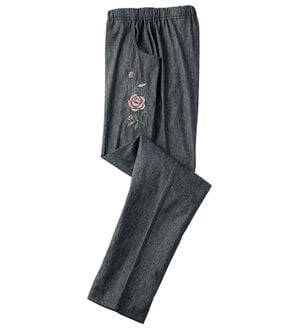 「刺繍デニム調ストレッチパンツ（テーパードパンツ）」｜ブラック