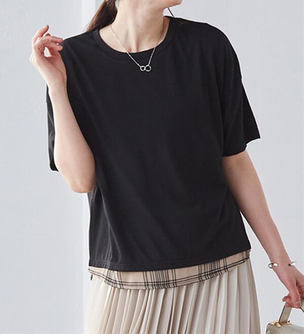 RANAN（ラナン）の「チェック柄異素材使いTシャツ（カットソー）」｜詳細画像