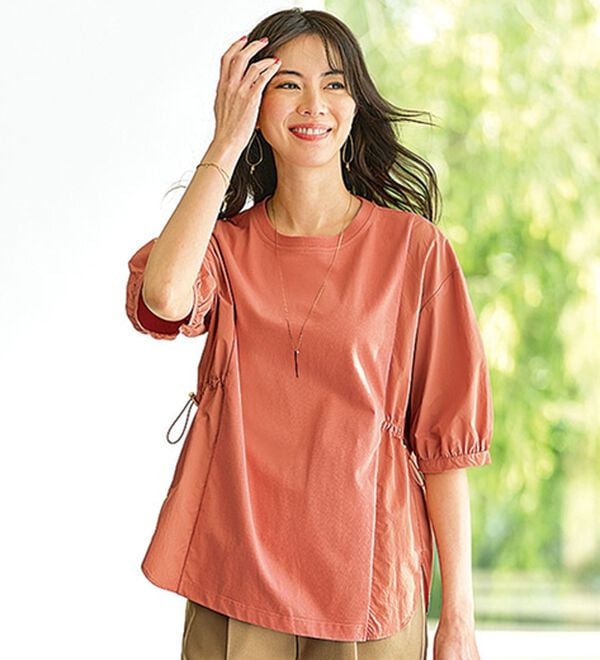 BELLUNA（ベルーナ）の「高見え！異素材切替ドロスト使いプルオーバー（カットソー）」｜コーラル