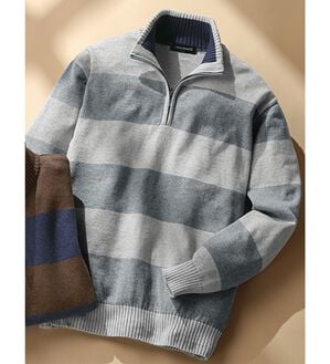 「日本製綿１００％大人の上品ボーダーハーフジップ（メンズニット・セーター）」｜オフホワイト系