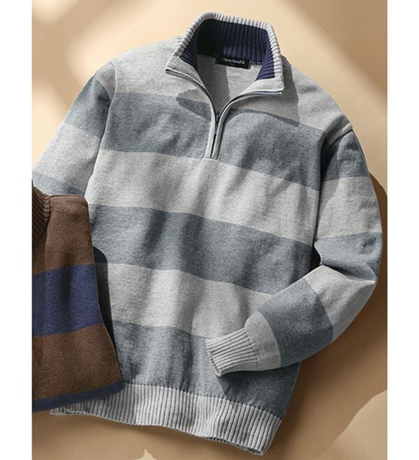 「日本製綿１００％大人の上品ボーダーハーフジップ（メンズニット・セーター）」｜オフホワイト系