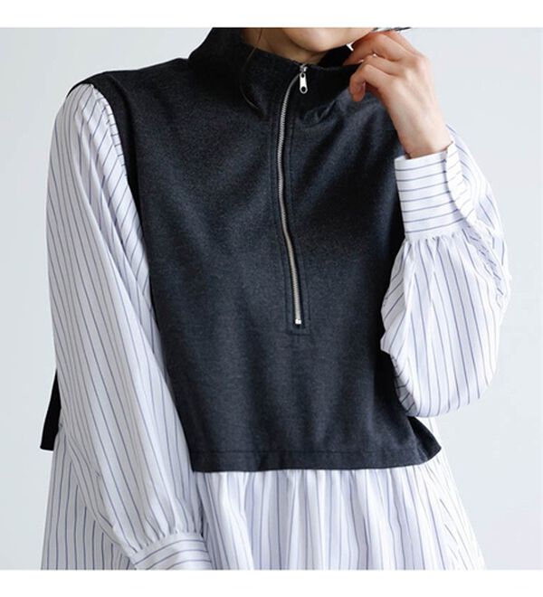 RANAN（ラナン）の「ジップデザイン異素材切替ストライプワンピース（その他ワンピース）」｜詳細画像