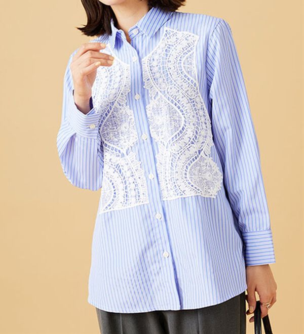 BELLUNA（ベルーナ）の「【Ｌａｇｒｉｌｕａ】レース使いストライプシャツチュニック（チュニック）」｜詳細画像