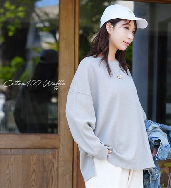 A HAPPY MARILYN（アハッピーマリリン）の「【Ｌ～８Ｌ】コットン１００％ 楽にのびる ワッフルシリーズ ゆったりプルオーバー（Tシャツ）」｜詳細画像