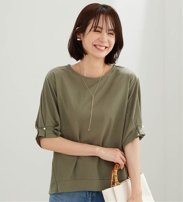 BELLUNA（ベルーナ）の「【接触冷感】涼感素材袖パールデザインプルオーバー（カットソー）」｜詳細画像