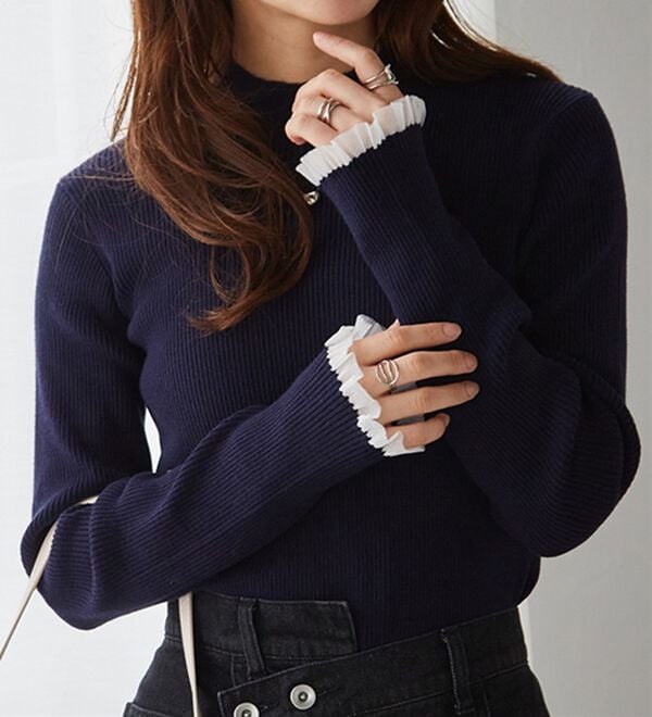 RANAN（ラナン）の「【春色追加】シアーフリル袖ハイネックリブニット（ニット・セーター）」｜詳細画像