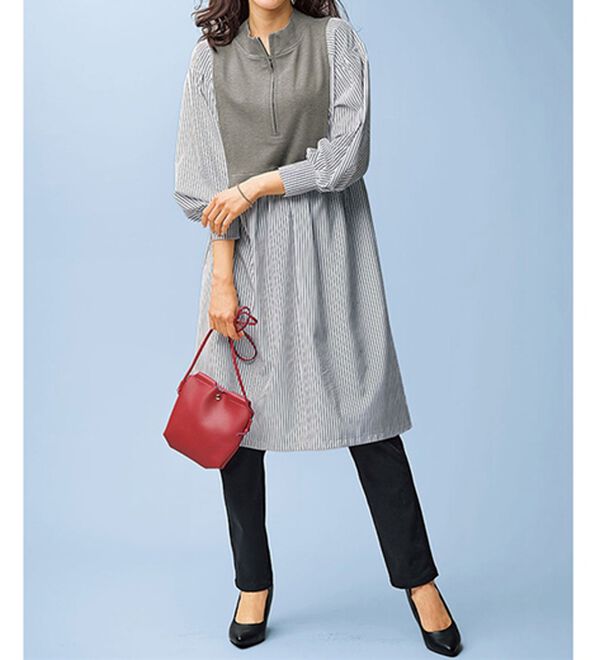 BELLUNA（ベルーナ）の「ハーフジップ使いストライプ切替ワンピース（チュニック）」｜詳細画像