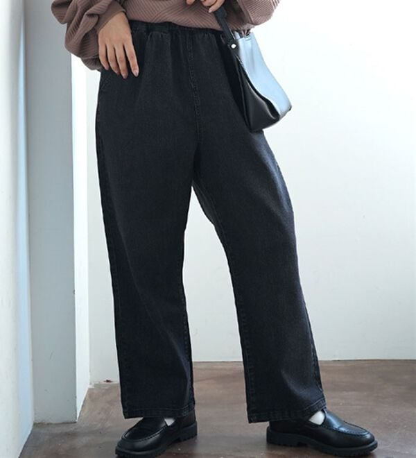 A HAPPY MARILYN（アハッピーマリリン）の「【Ｌ～８Ｌ】＜３丈から選べる＞ストレッチワイドデニム（ワイドパンツ・ガウチョ）」｜ブラックケミカル