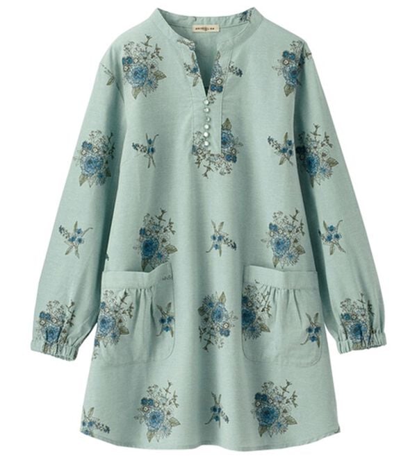 BELLUNA（ベルーナ）の「綿１００％平織りしっかり素材かっぽうチュニック（パジャマ・ルームウェア）」｜ブルーグリーン