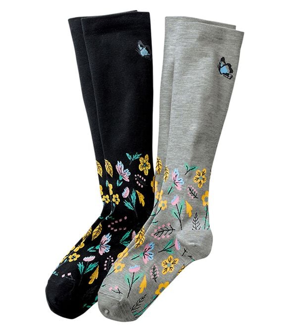 「【２足組】【日本製】おしゃれなフラワー着圧ハイソックス（靴下・ストッキング）」｜詳細画像