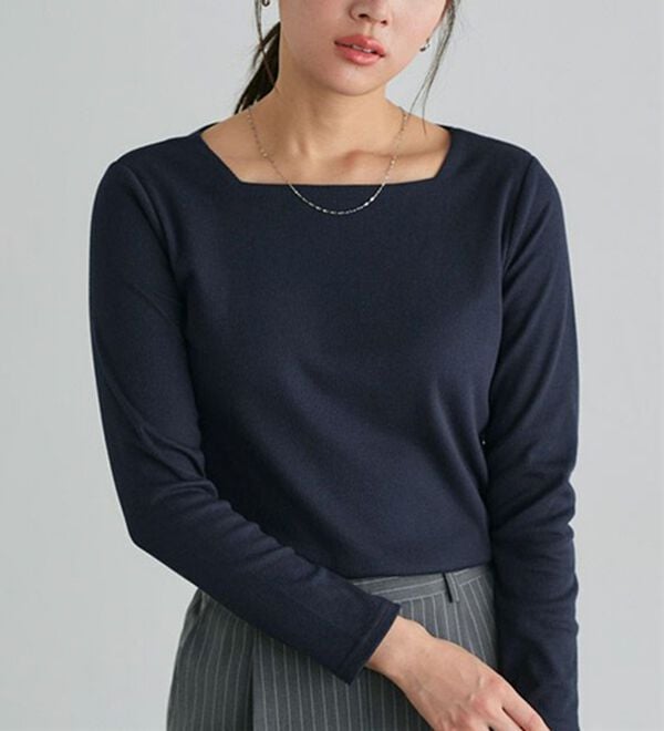 Pierrot（ピエロ）の「【ネックが選べる】テレコリブカットソー（カットソー）」｜ネイビー