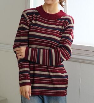 A HAPPY MARILYN（アハッピーマリリン）の「【ＬＬ～６Ｌ】＜新色追加＞Ｔシャツ感覚で着れるカメレオン級の着回しが叶うリブニット（ニット・セーター）」｜ボーダー／ボルドー