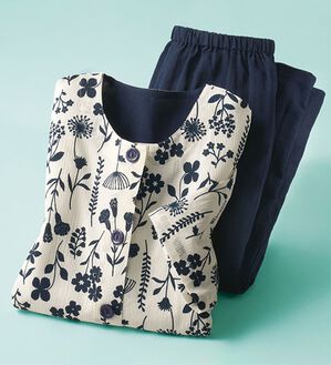 「綿100％嬉しい楊柳パジャマ（パジャマ・ルームウェア）」｜丸首オフ白